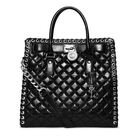 michael kors large hamilton quilted studded leather black tote bag|Michael Kors large satchel handbag.